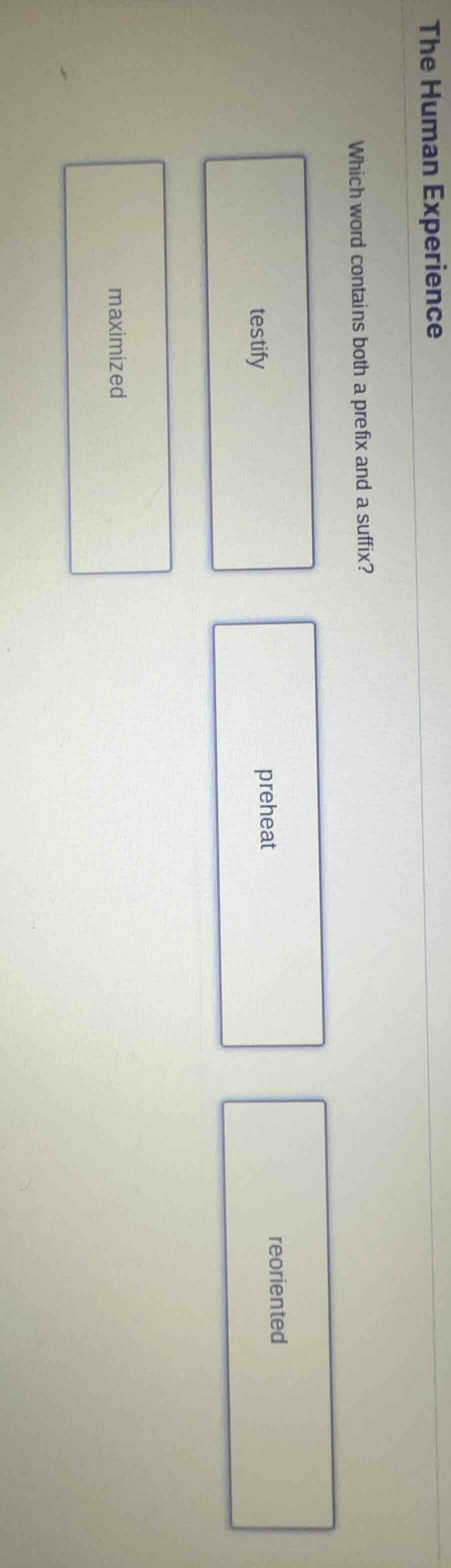 the human experience which word contains both a prefix and a suffix? te…