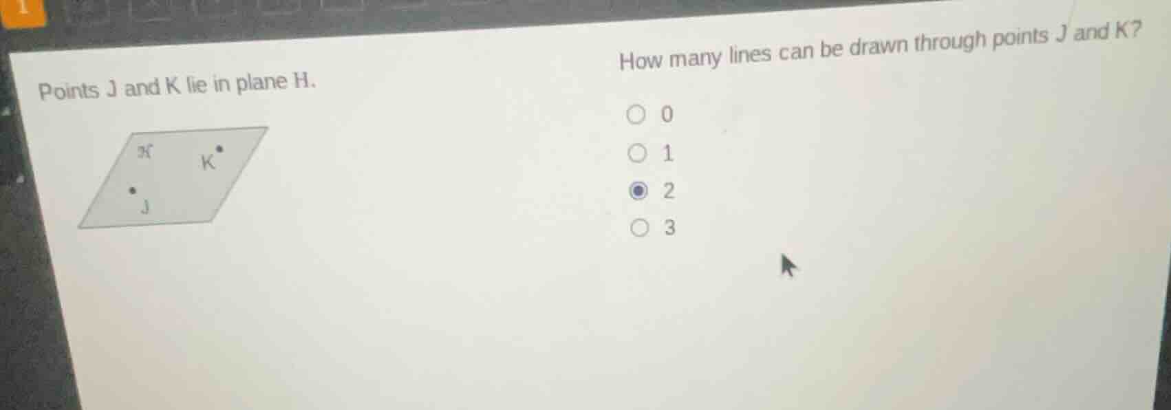 points j and k lie in plane h. how many lines can be drawn through poin…