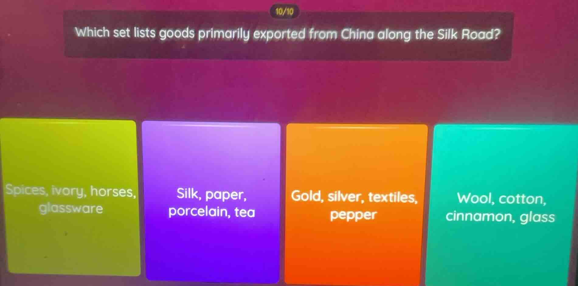 which set lists goods primarily exported from china along the silk road…