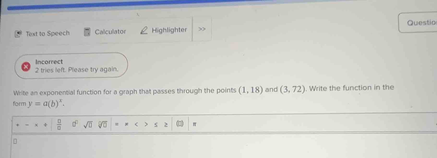 write an exponential function for a graph that passes through the point…
