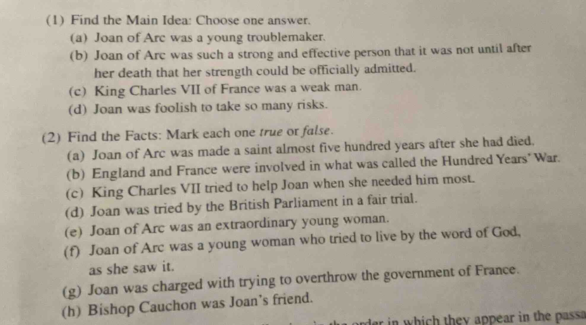 (1) find the main idea: choose one answer. (a) joan of arc was a young …