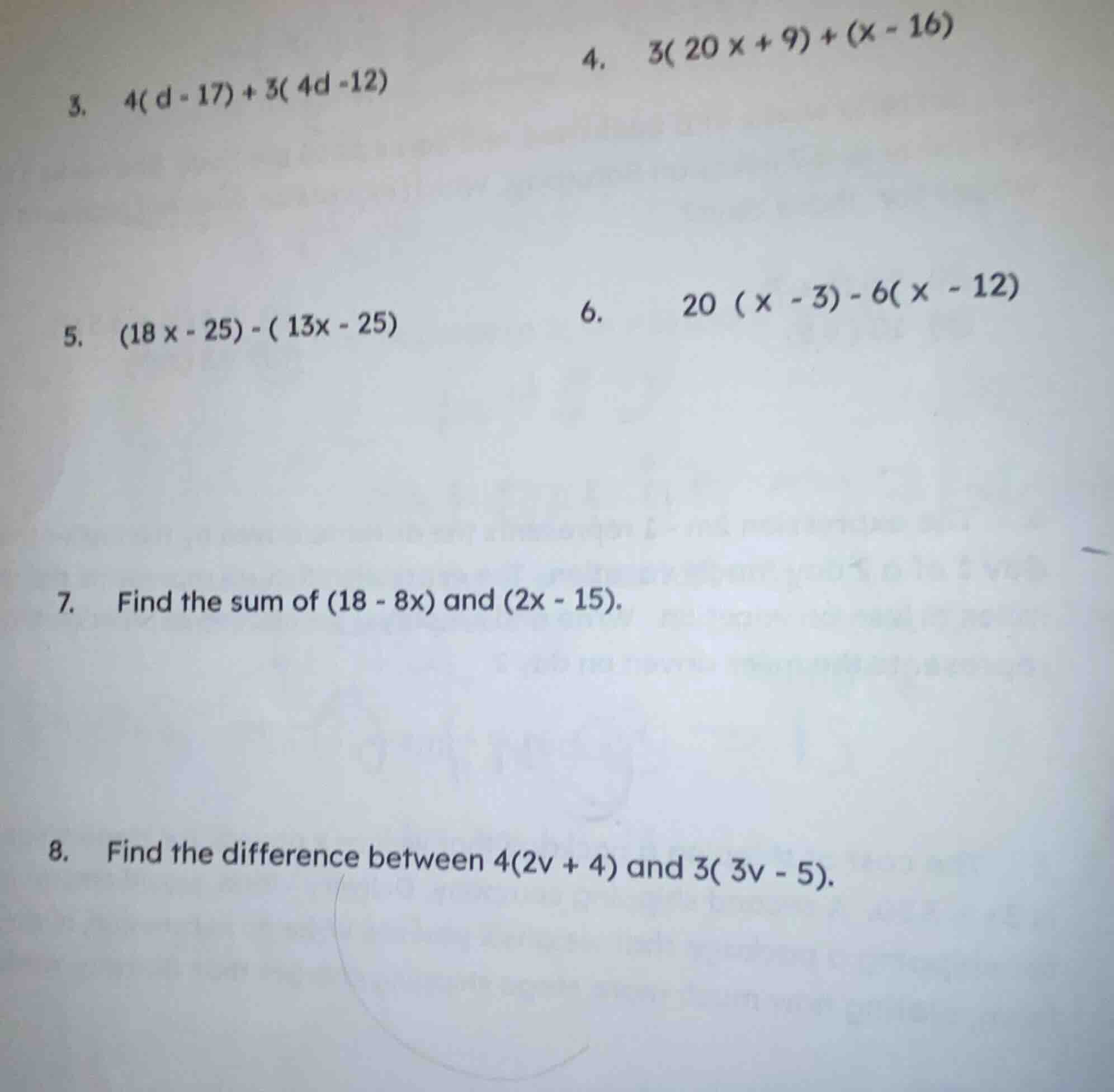 3. \\(4( d - 17) + 3( 4d -12)\\) 4. \\(3( 20 x + 9) + (x - 16)\\) 5. \\…
