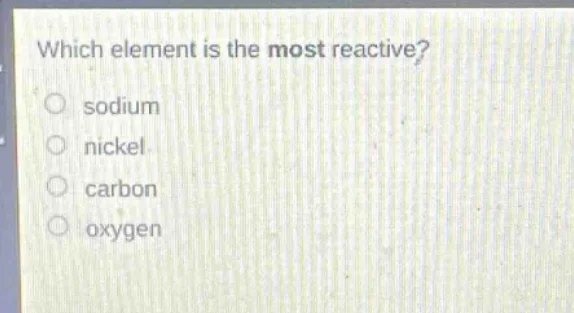 which element is the most reactive? ○ sodium ○ nickel ○ carbon ○ oxygen