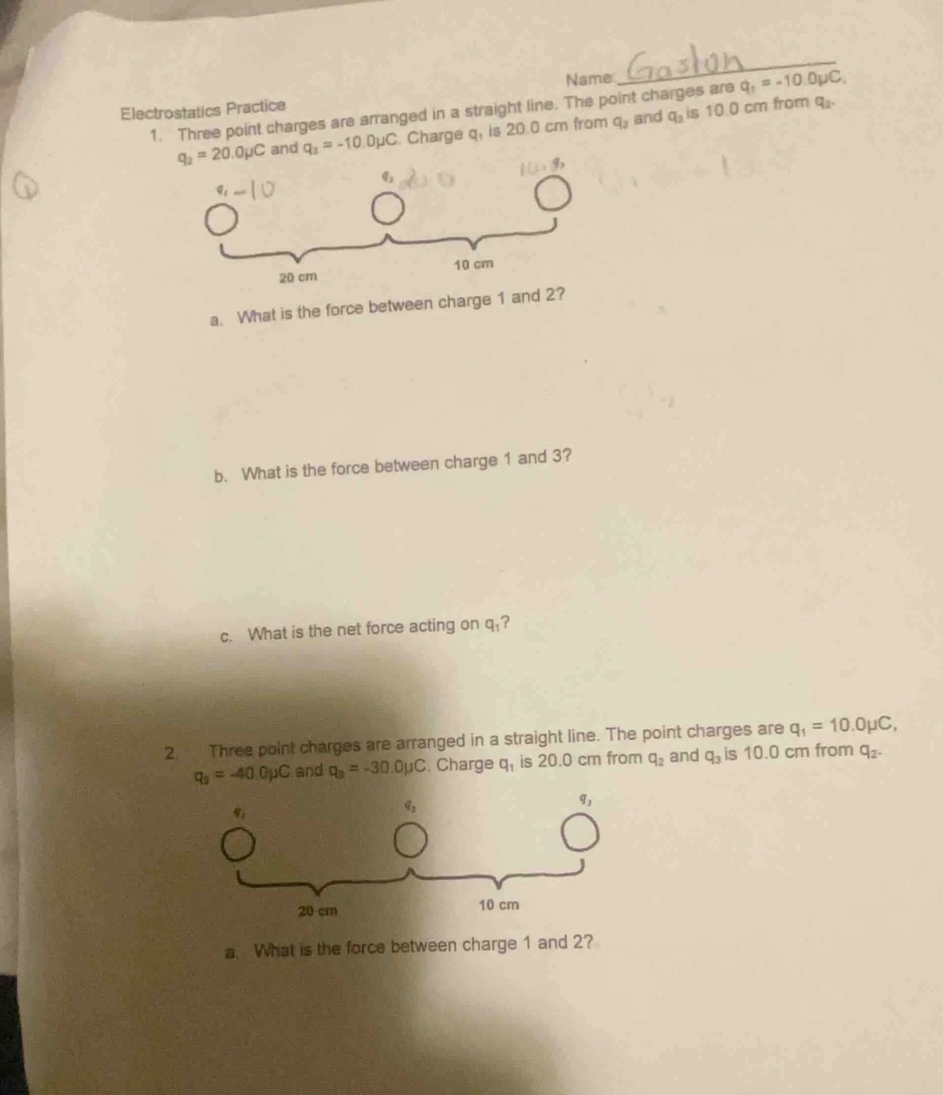 electrostatics practice 1. three point charges are arranged in a straig…