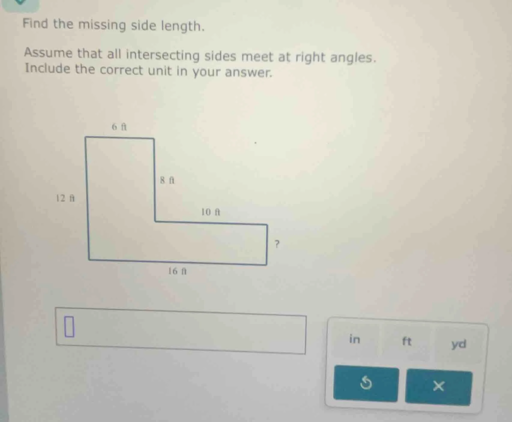 find the missing side length. assume that all intersecting sides meet a…