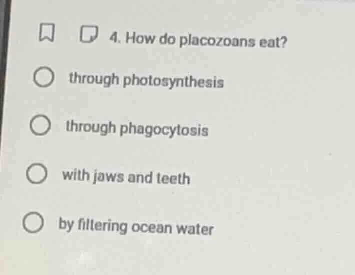 4. how do placozoans eat? through photosynthesis through phagocytosis w…