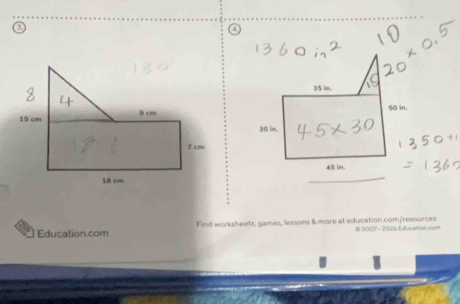 3. 8 4 15 cm 9 cm 7 cm 18 cm 4. 1360 in² 10 19 20×0.5 35 in. 50 in. 30 …