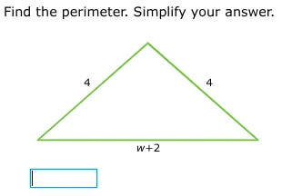 find the perimeter. simplify your answer. (image of an isosceles triang…