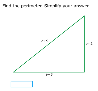 find the perimeter. simplify your answer. triangle with sides labeled: …