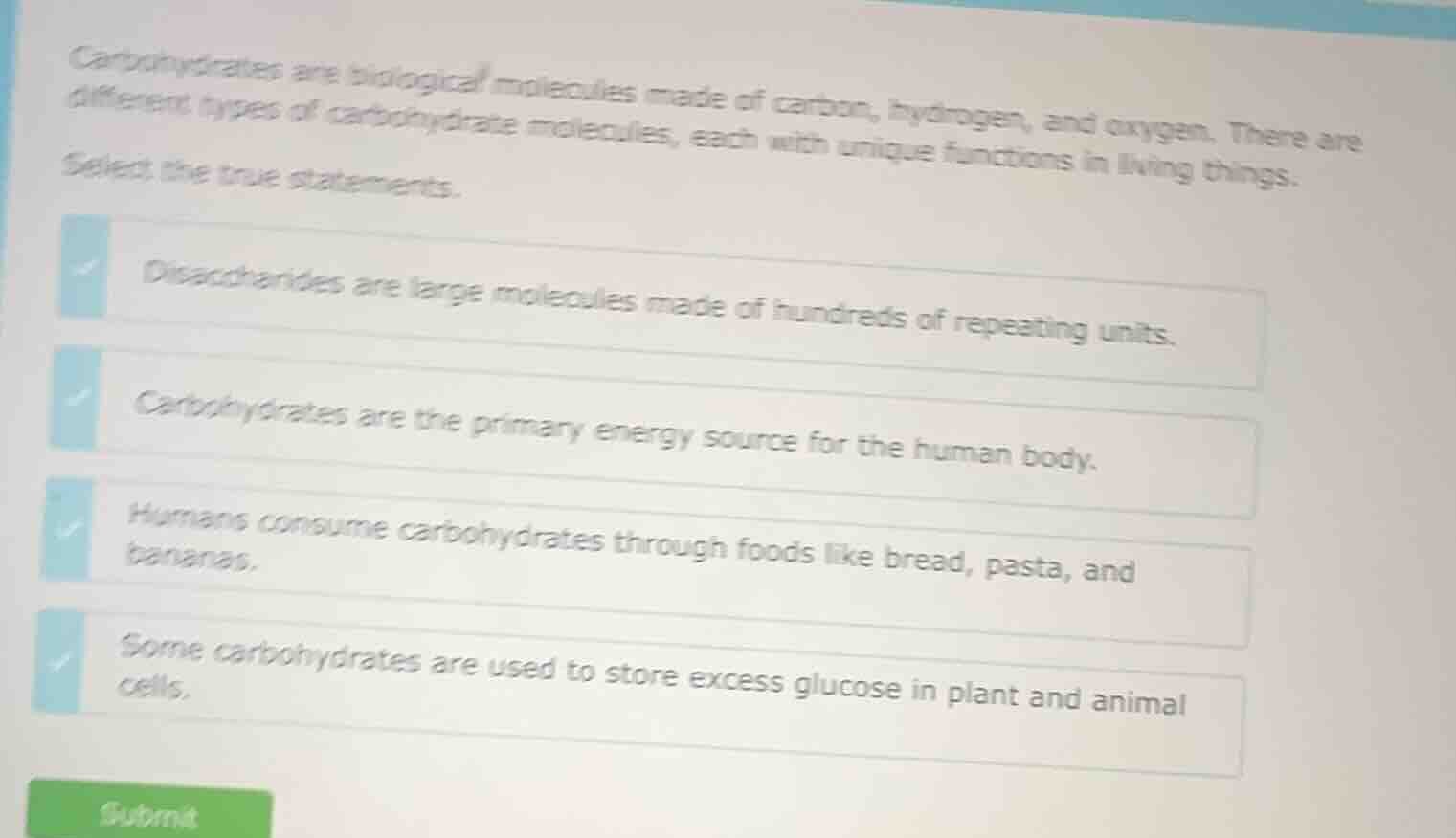 carbohydrates are biological molecules made of carbon, hydrogen, and ox…
