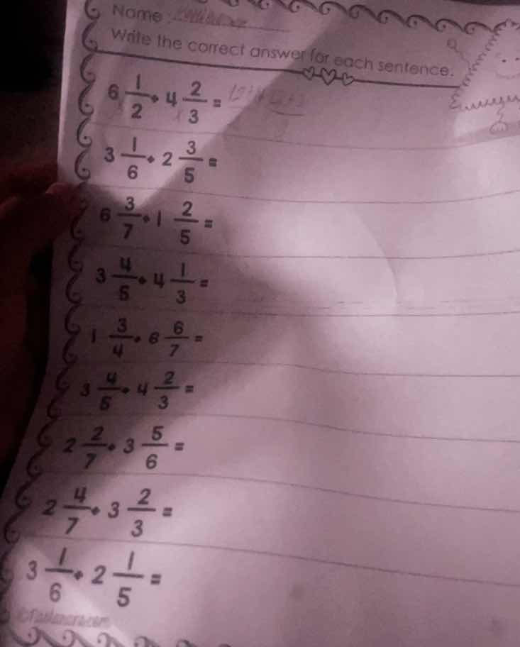 name write the correct answer for each sentence. $6\\frac{1}{2} + 4\\fr…