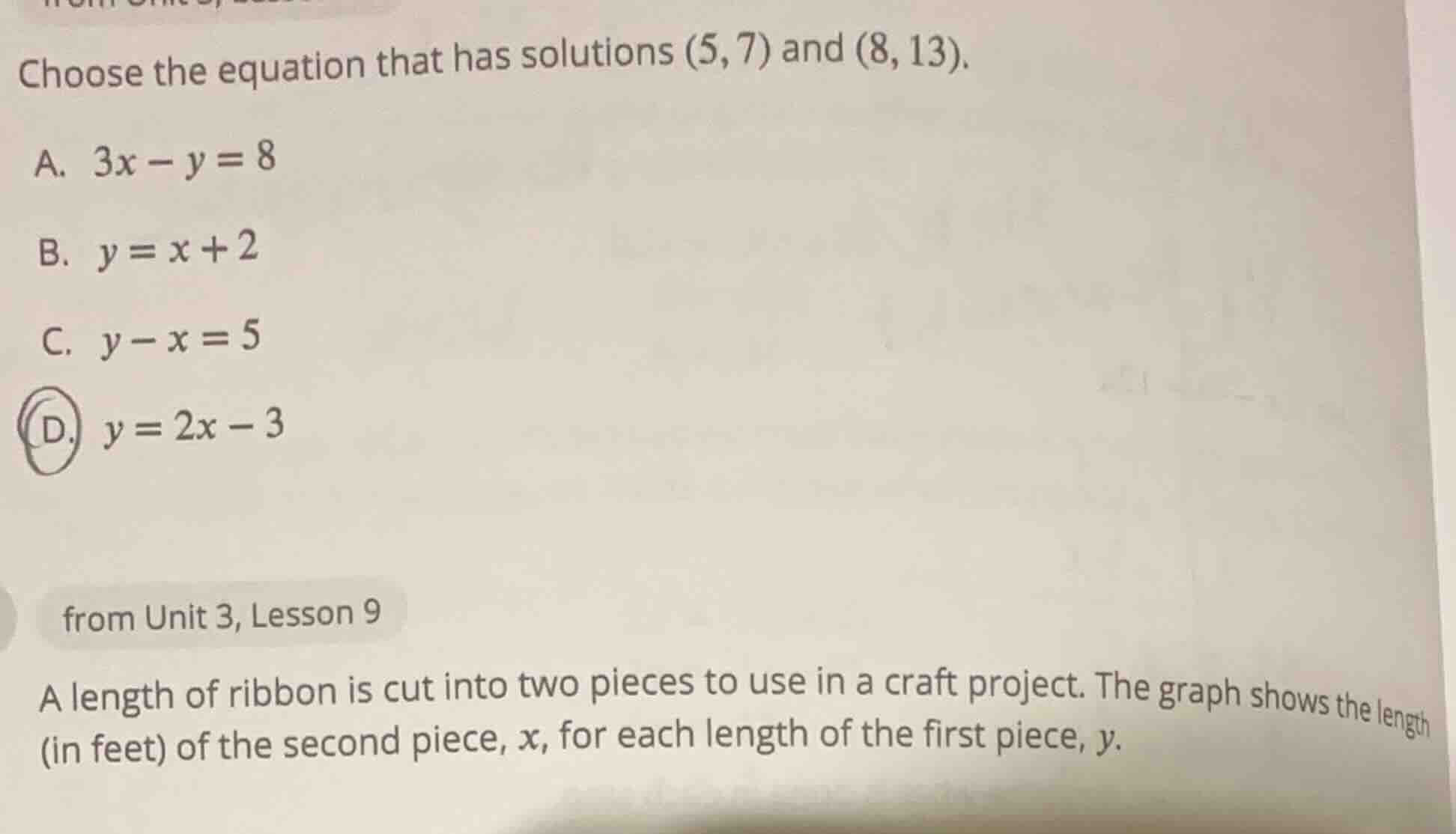 choose the equation that has solutions (5, 7) and (8, 13). a. $3x - y =…