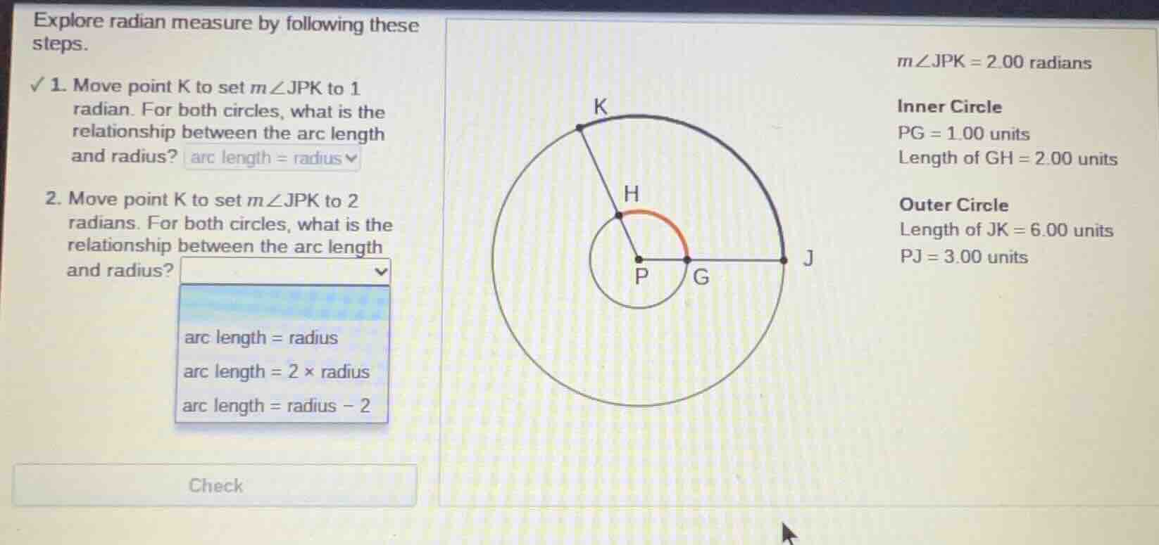 explore radian measure by following these steps. 1. move point k to set…