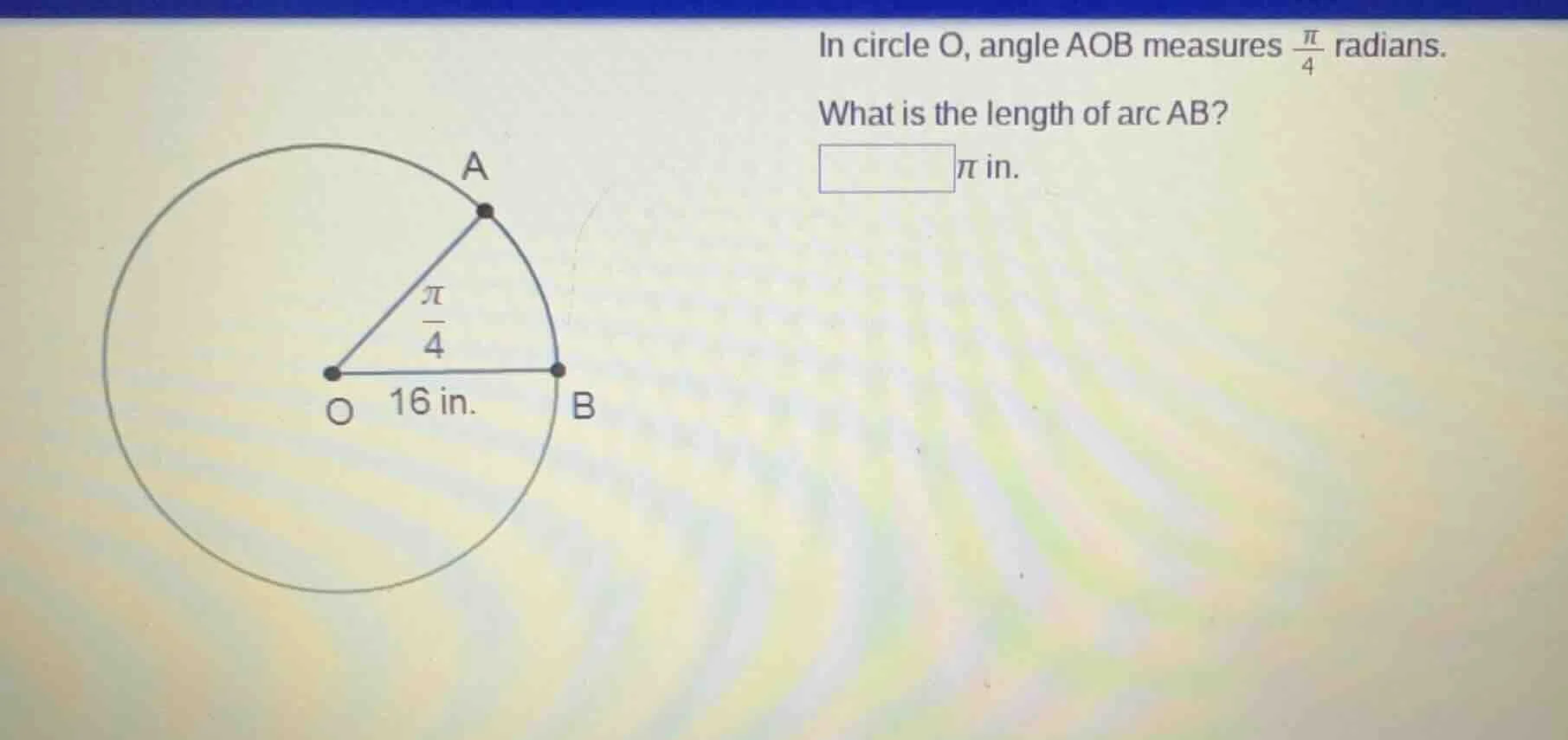 in circle o, angle aob measures $\frac{pi}{4}$ radians. what is the len…