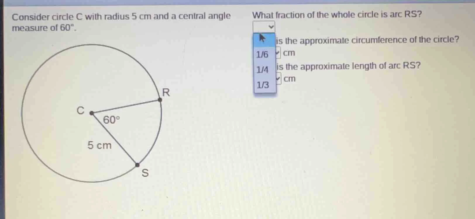 consider circle c with radius 5 cm and a central angle measure of 60°. …