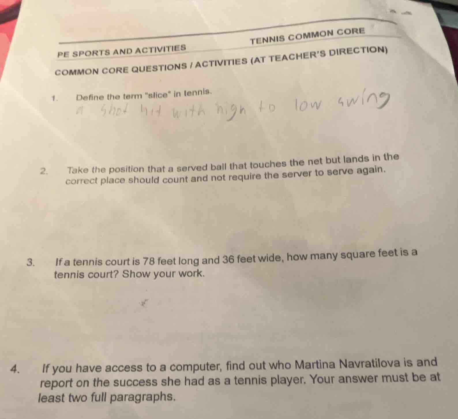 pe sports and activities tennis common core common core questions / act…