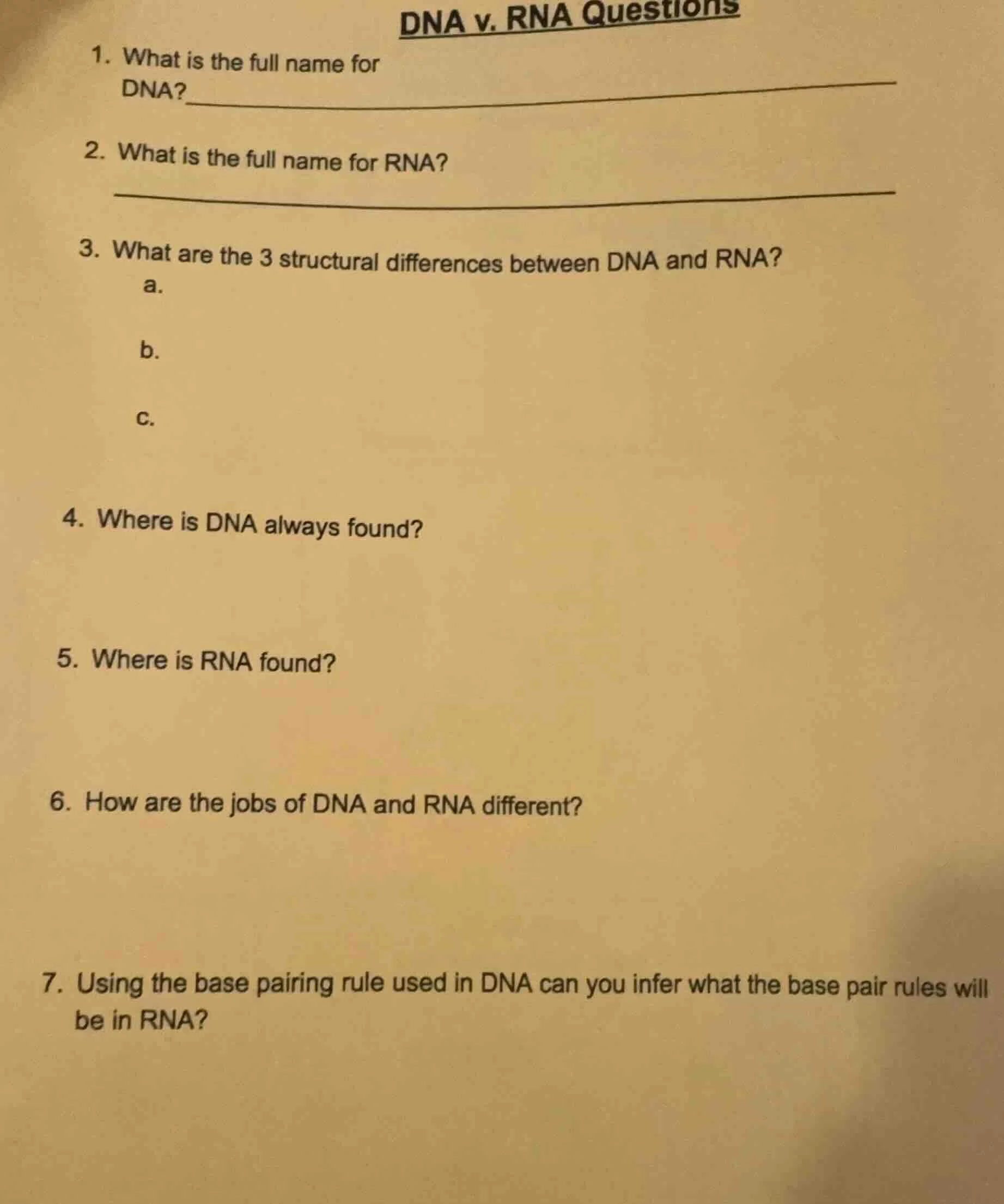 dna v. rna questions 1. what is the full name for dna? 2. what is the f…