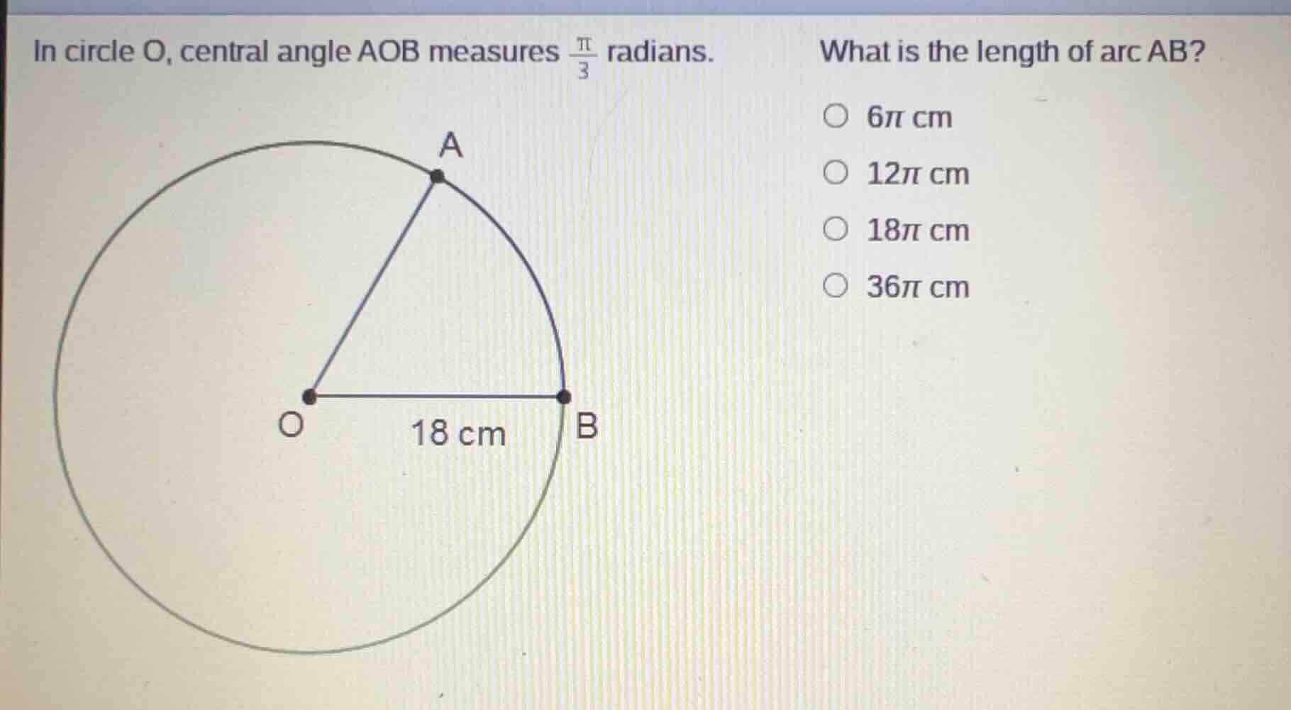 in circle o, central angle aob measures \\(\\frac{\\pi}{3}\\) radians. …