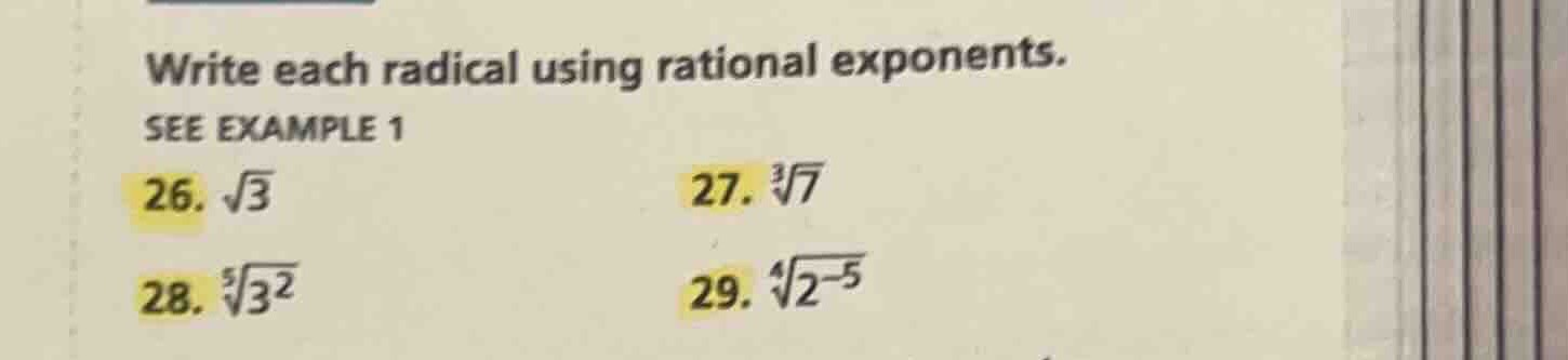 write each radical using rational exponents. see example 1 26. \\(\\sqr…