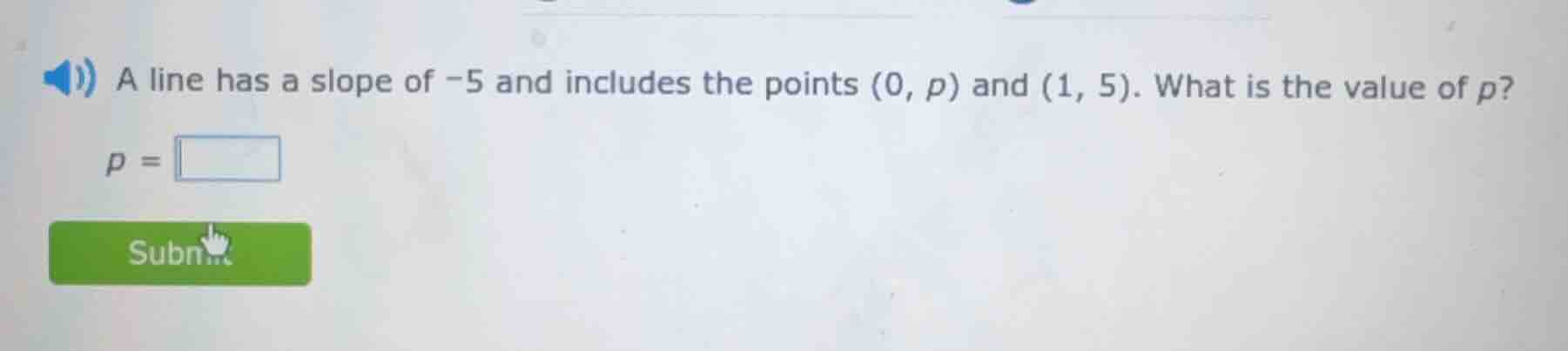 a line has a slope of -5 and includes the points (0, p) and (1, 5). wha…