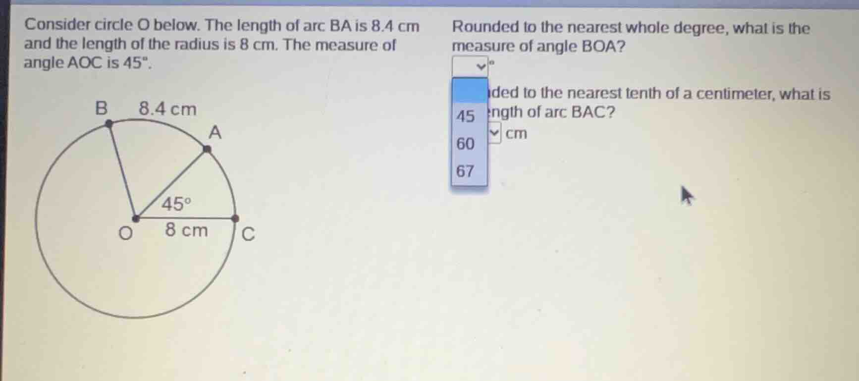 consider circle o below. the length of arc ba is 8.4 cm and the length …