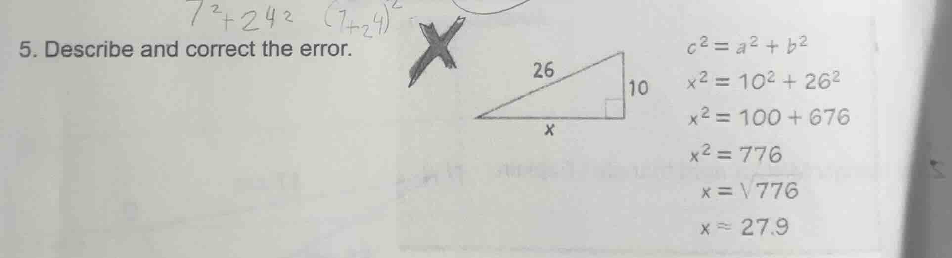 5. describe and correct the error. (there is a right triangle with hypo…