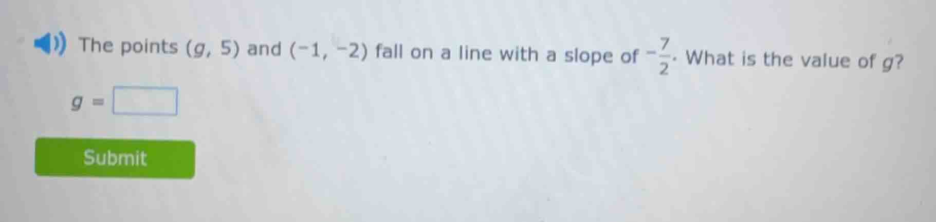 the points (g, 5) and (-1, -2) fall on a line with a slope of $-\frac{7…