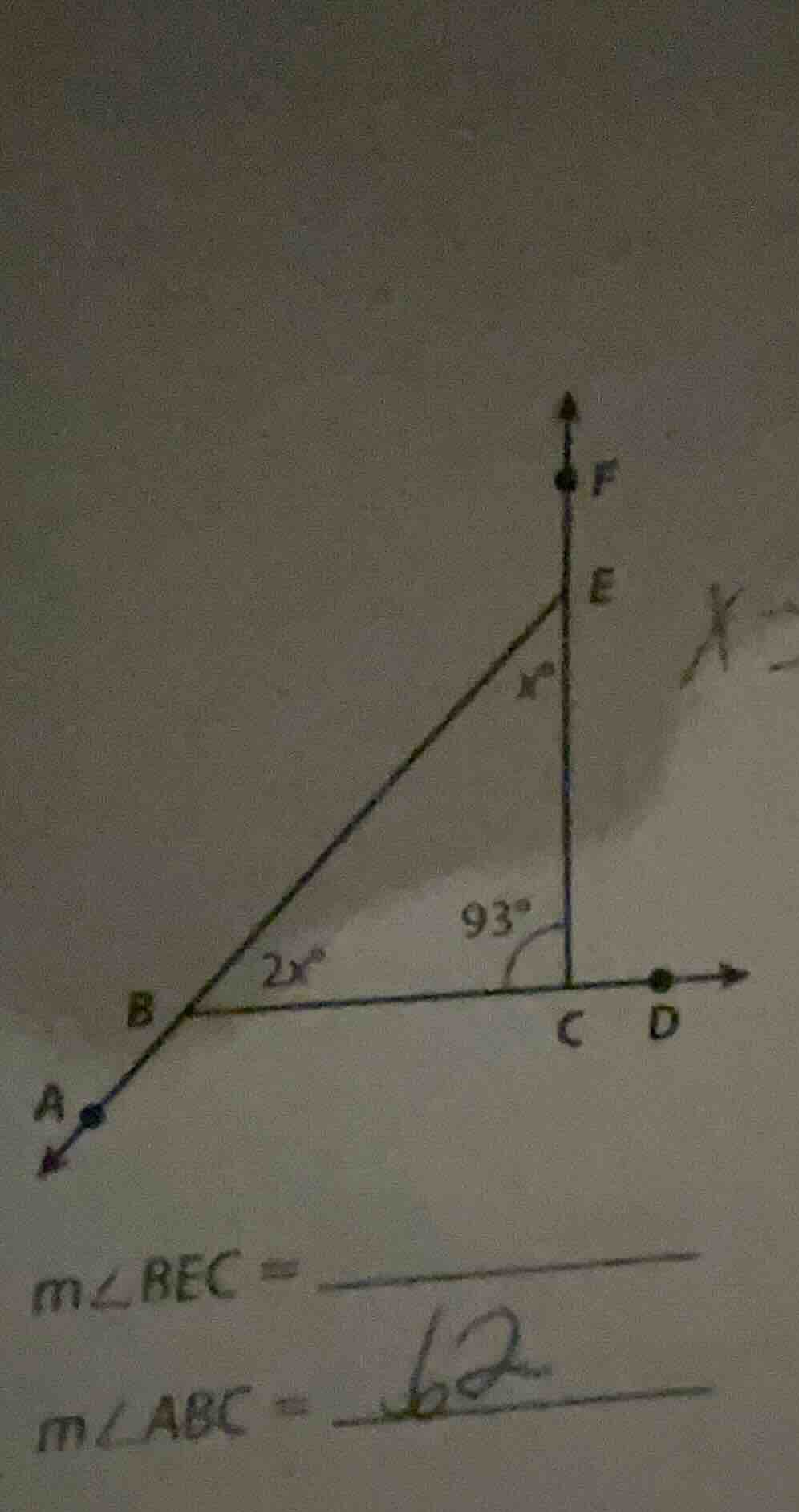 m∠bec = m∠abc = 62