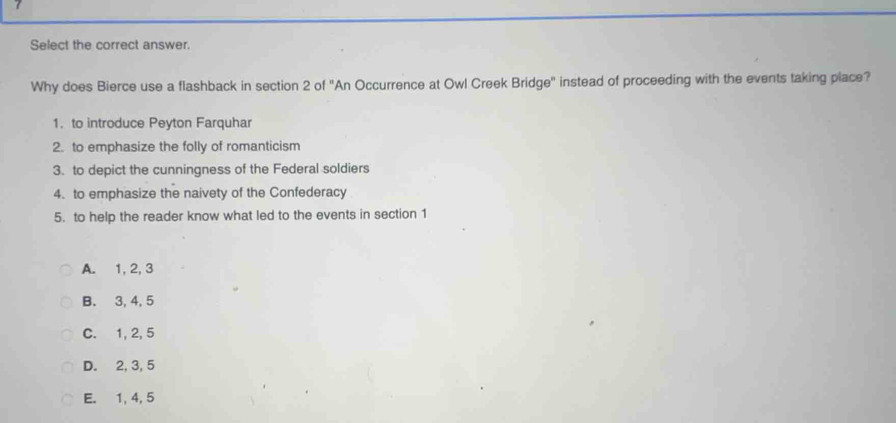 select the correct answer. why does bierce use a flashback in section 2…