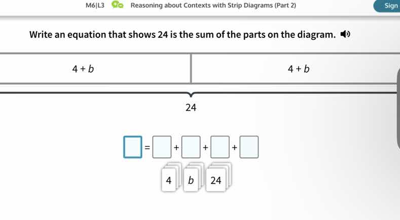 write an equation that shows 24 is the sum of the parts on the diagram.…