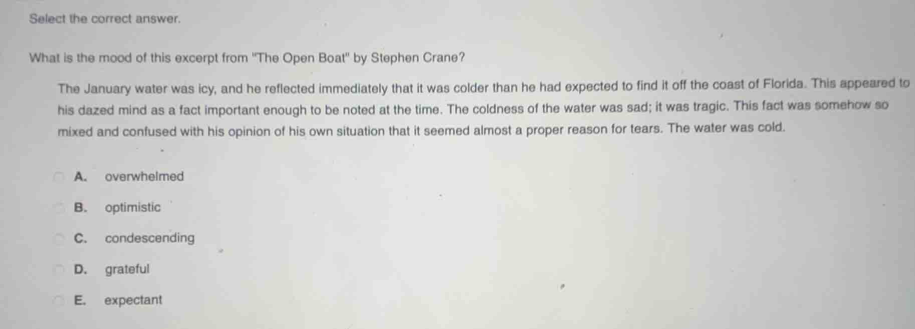 select the correct answer. what is the mood of this excerpt from \the o…