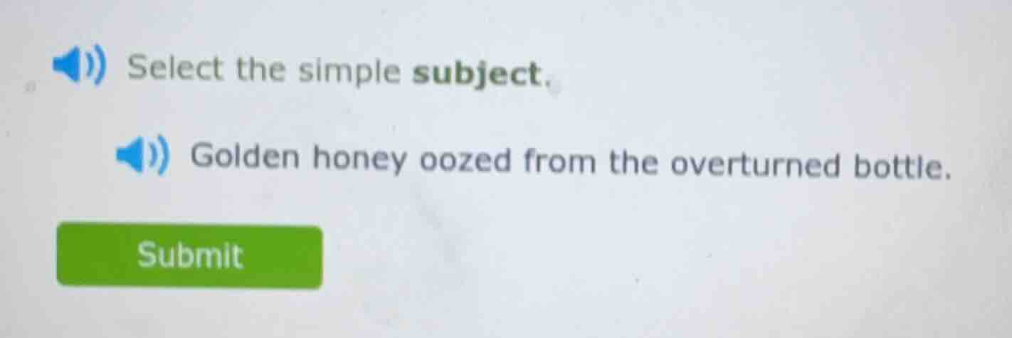 select the simple subject. golden honey oozed from the overturned bottl…