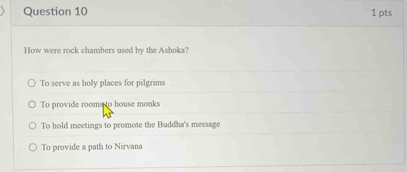 question 10 1 pts how were rock chambers used by the ashoka? to serve a…