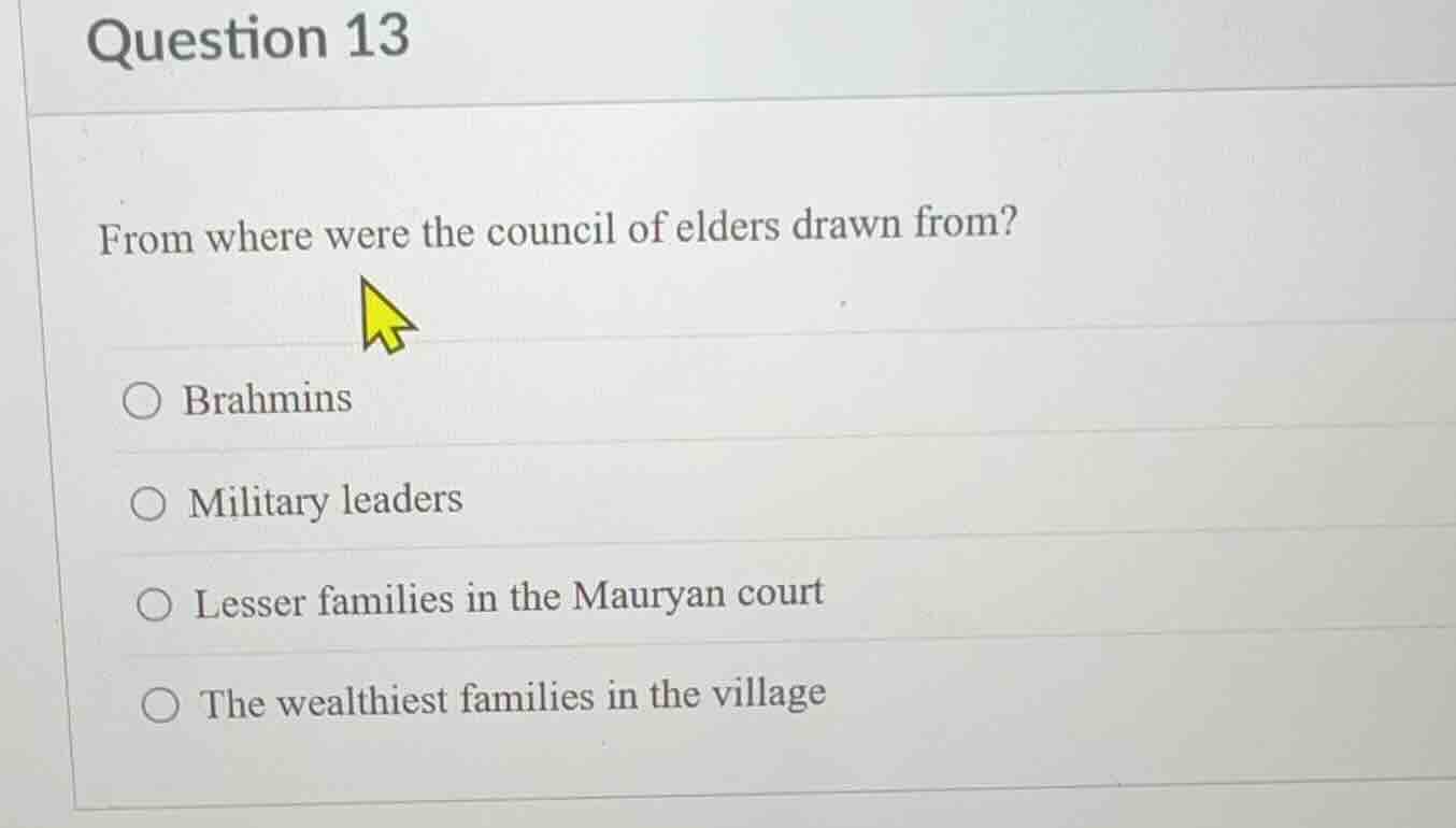 question 13 from where were the council of elders drawn from? ○ brahmin…