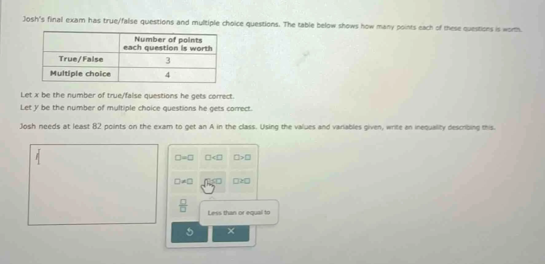 josh’s final exam has true/false questions and multiple choice question…