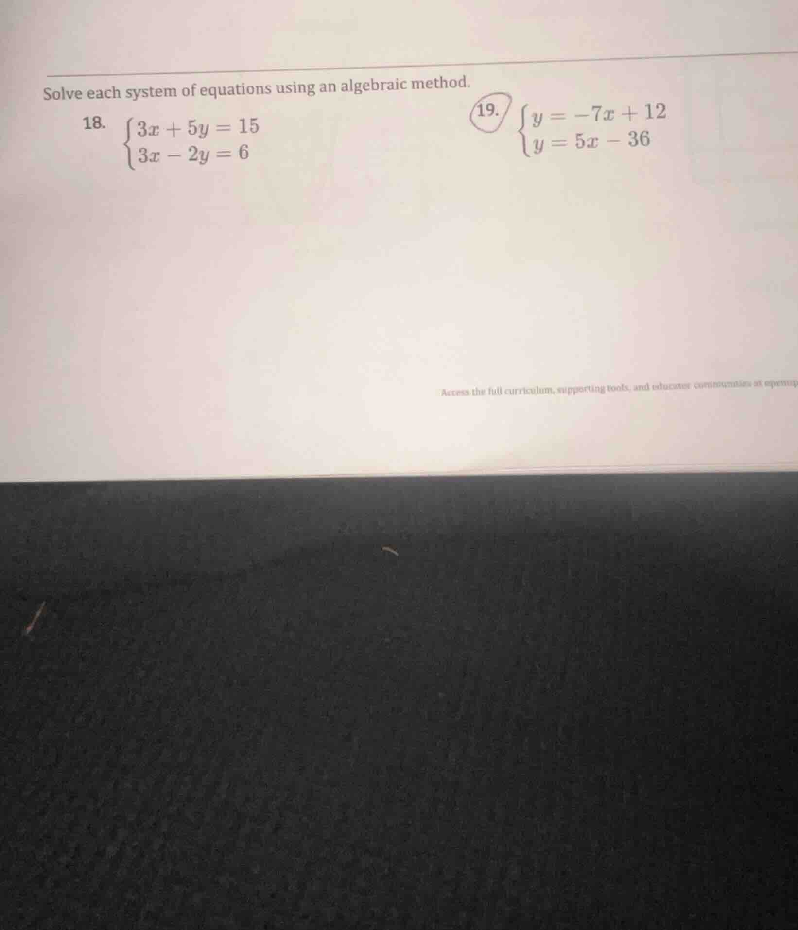 solve each system of equations using an algebraic method. 18. \\(\\begi…