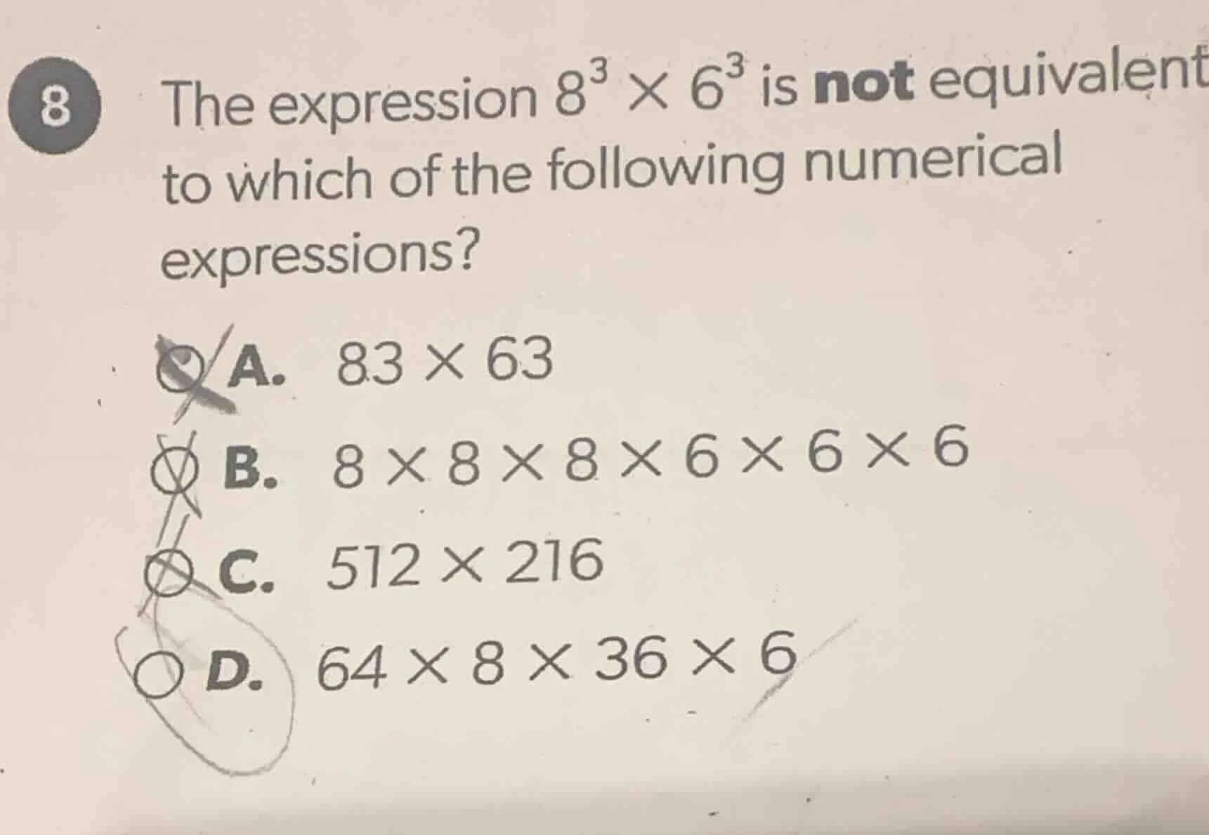 8 the expression $8^3 \\times 6^3$ is not equivalent to which of the fo…