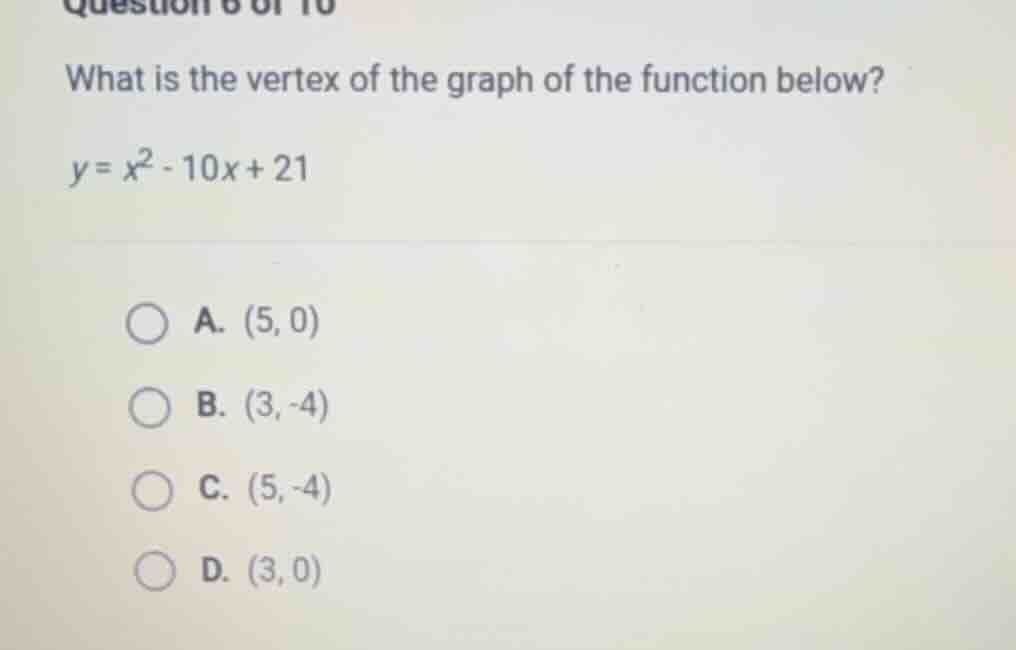 question 6 of 10 what is the vertex of the graph of the function below?…