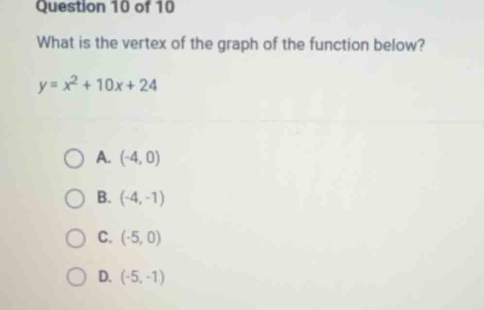 question 10 of 10 what is the vertex of the graph of the function below…
