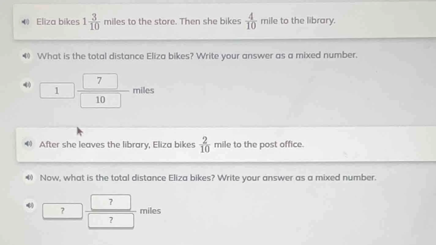 eliza bikes $1\\frac{3}{10}$ miles to the store. then she bikes $\\frac…