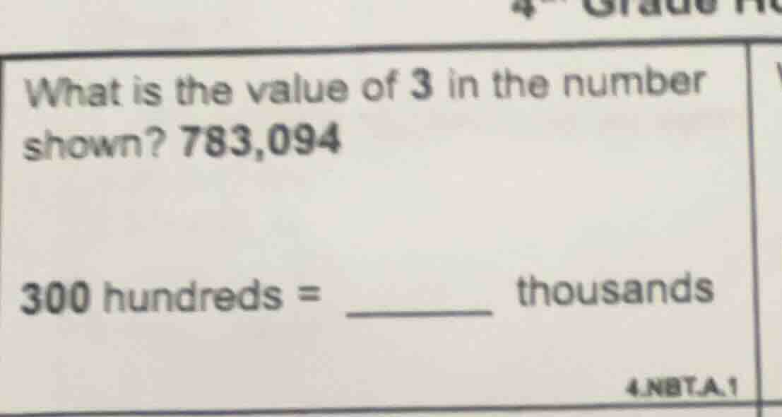 what is the value of 3 in the number shown? 783,094 300 hundreds = ____…