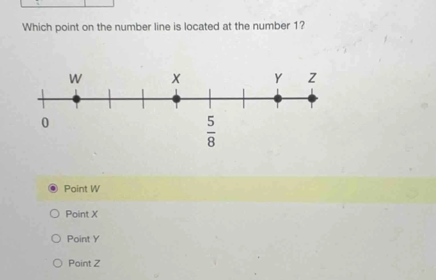 which point on the number line is located at the number 1? w x y z 0 \\…