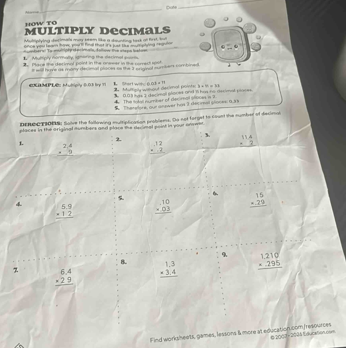 name date how to multiply decimals multiplying decimals may seem like a…