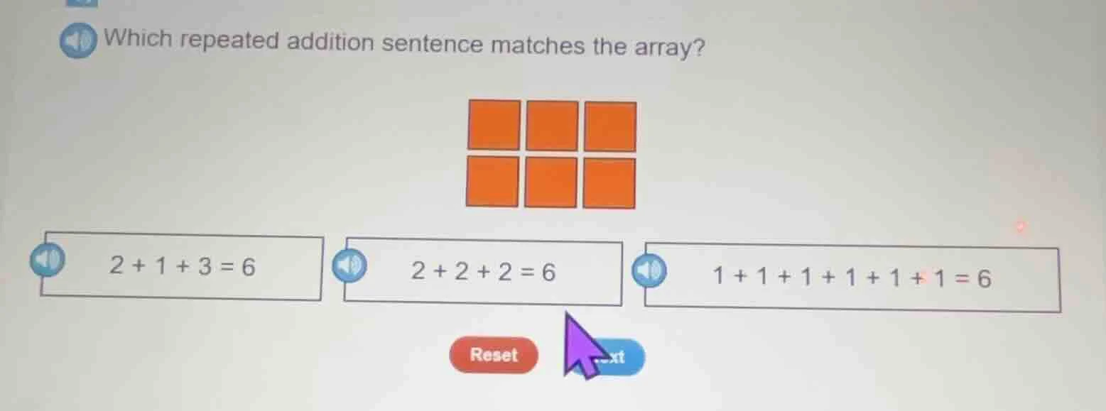 which repeated addition sentence matches the array? image of a 2-row 3-…