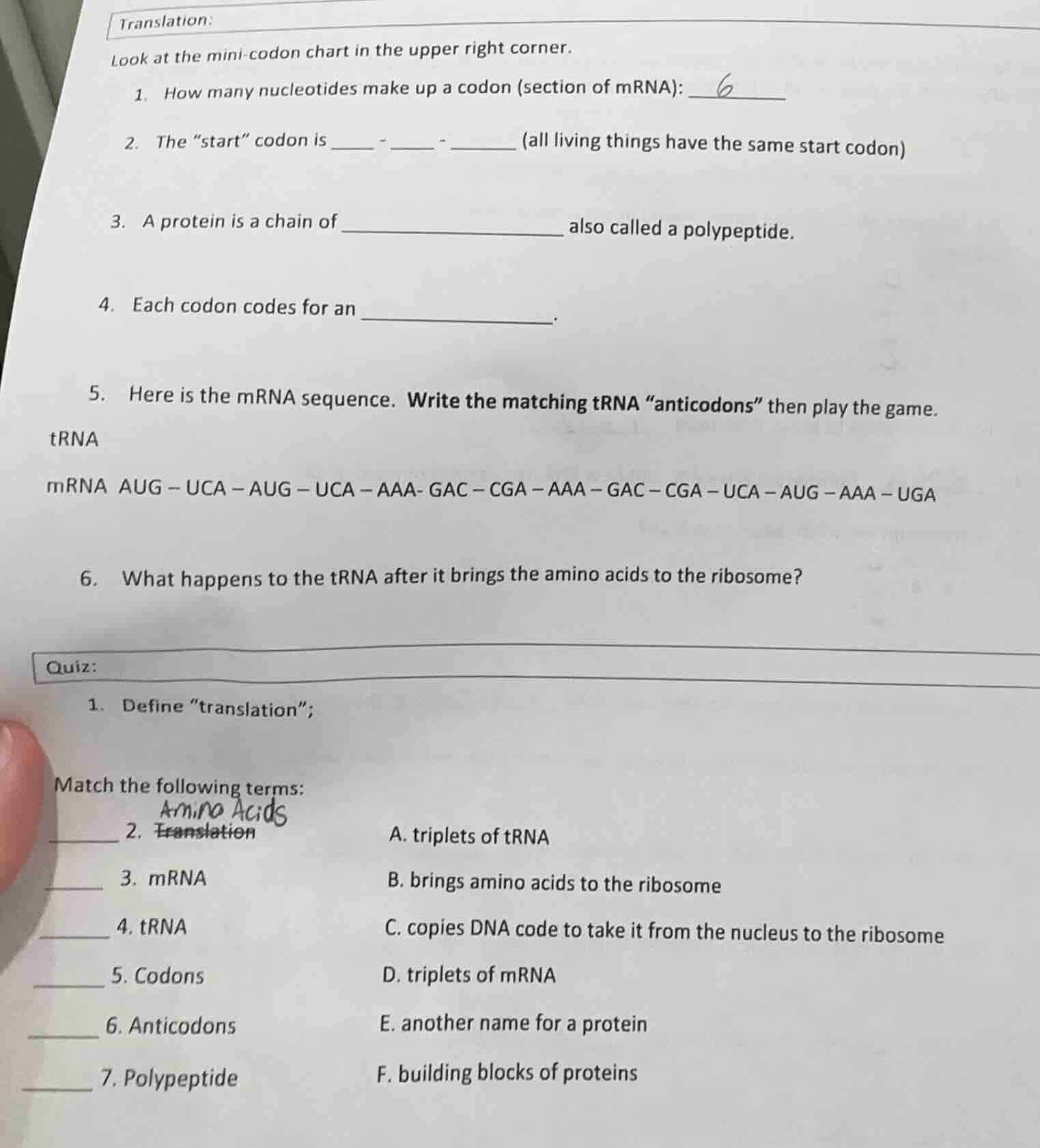 translation: look at the mini - codon chart in the upper right corner. …