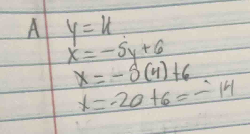 a $y = 4$ $x = -5y + 6$ $x = -5(4) + 6$ $x = -20 + 6 = -14$