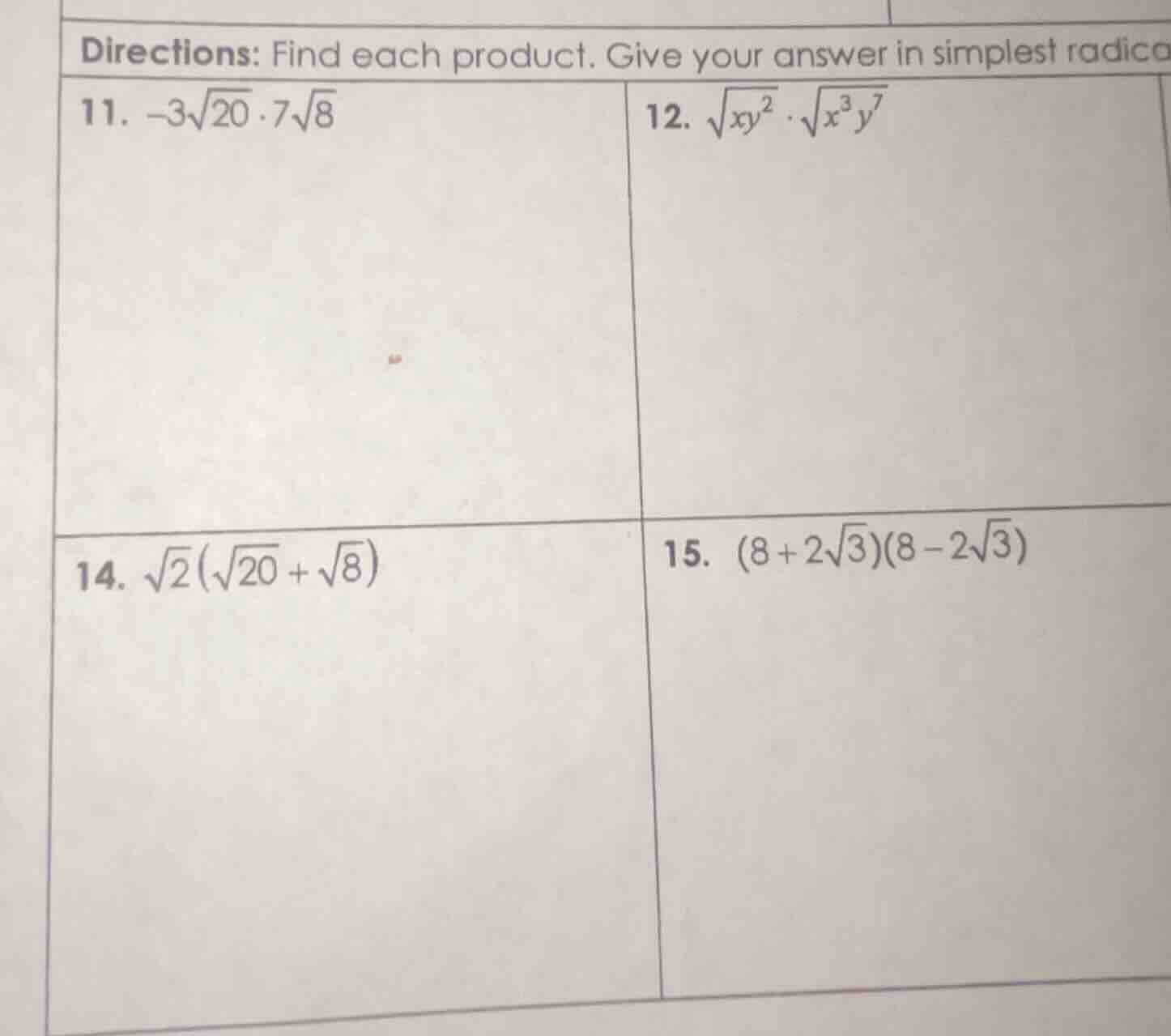 directions: find each product. give your answer in simplest radical for…