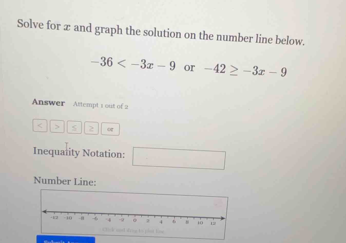 solve for x and graph the solution on the number line below. -36 < -3x …