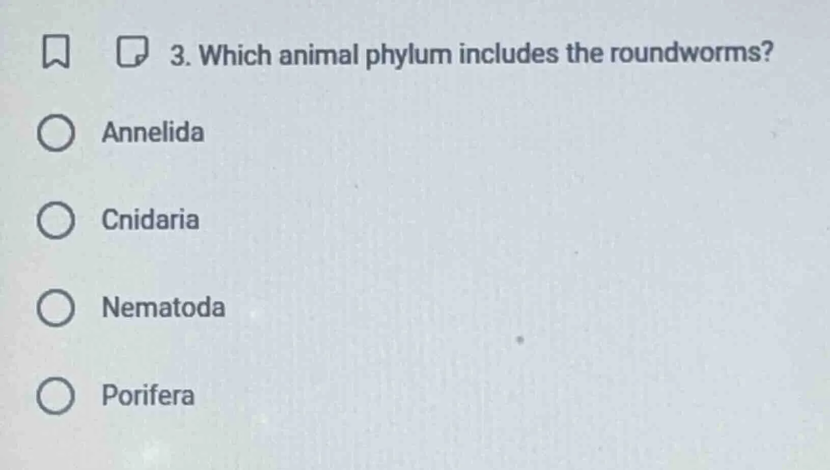 3. which animal phylum includes the roundworms? annelida cnidaria nemat…
