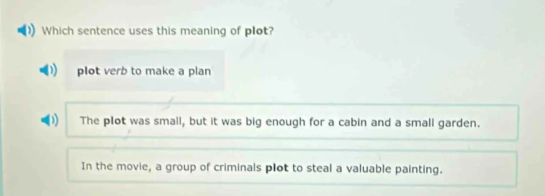 which sentence uses this meaning of plot? plot verb to make a plan the …